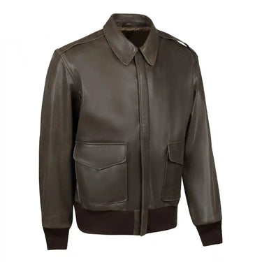 Legendary Flying Fortress A-2 goatskin leather flight jacket, front view with flap pockets and Made in USA label