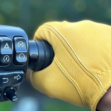 Legendary Gold Deerskin Leather Short Wrist Motorcycle Gloves Made in USA lifestyle image on motorcycle tank