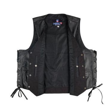 Interior view of the Legendary Gunslinger leather vest with black lining, inner pockets, and full side lacing