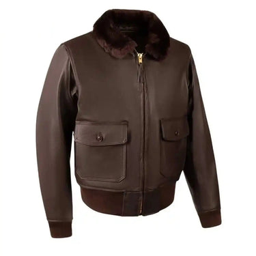 Legendary Hellcat G-1 leather flight jacket front view with mouton collar, made in USA