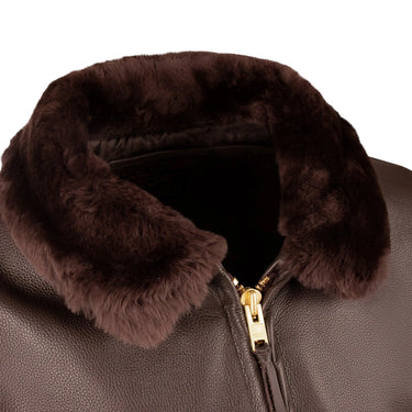 Close-up of real mouton shearling collar on Legendary Hellcat G-1 leather flight jacket, made in USA