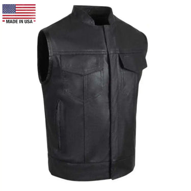 Front view of Legendary Holy Ghost men’s perforated leather motorcycle vest with hidden zipper and snap front closure