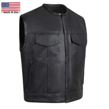 Front view of Legendary cropped perforated leather motorcycle vest with dual chest pockets, Made in USA
