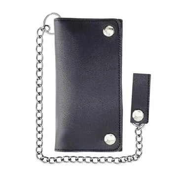 Front view of Legendary horsehide biker long wallet in black with attached chain and snap closure, made in USA