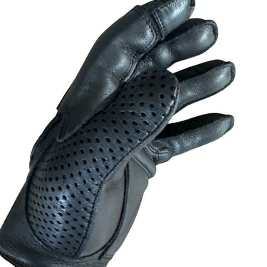 Side view of black perforated deerskin glove top with detailed stitching, made in USA
