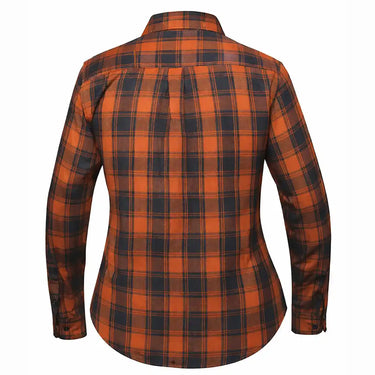 Legendary No Life series women’s black and brown flannel shirt back view on white background