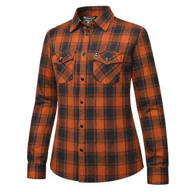 Legendary No Life series women’s black and brown flannel shirt front view on white background