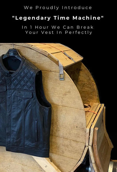 Legendary USA leather tumbling service showing black leather vest hanging on custom wooden break-in drum labeled Legendary Time Machine