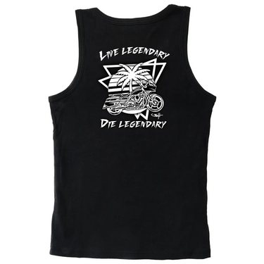 Back view of Legendary USA black motorcycle tank top with Live Legendary Die Legendary graphic featuring motorcycle and palm tree design