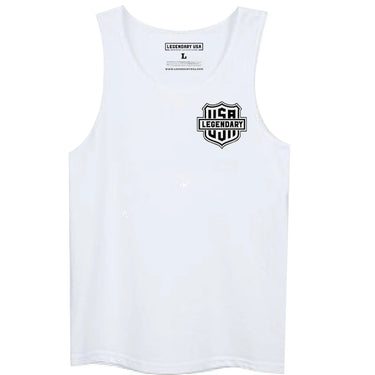 Front view of Legendary USA white motorcycle tank top with USA Legendary shield logo on chest