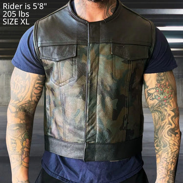 Legendary LowLife Camo leather motorcycle vest worn by model (5'8", 205 lbs, size XL) showcasing fit and cut on body, made in USA