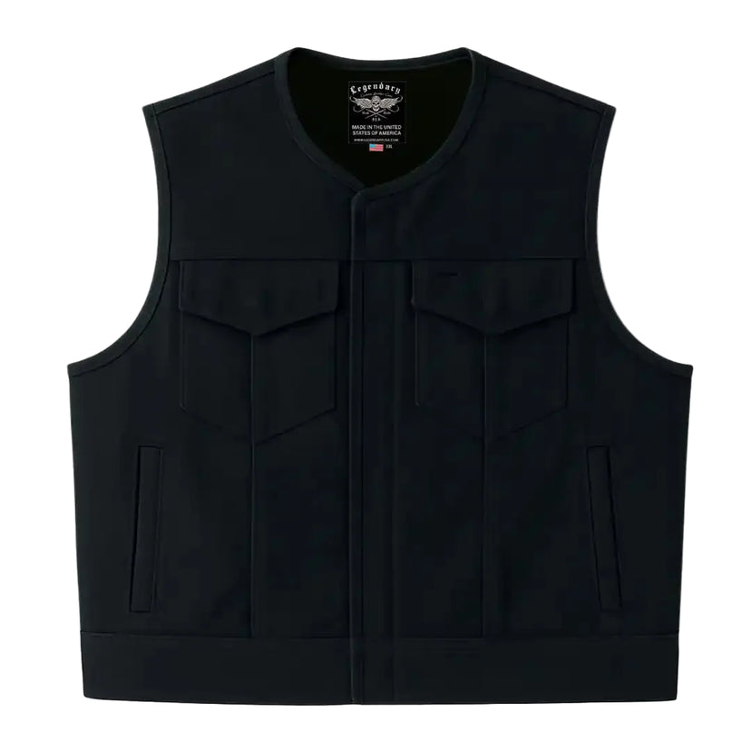 Front view of Legendary LowLife Canvas Motorcycle Vest, Made in USA, with chest and hand pockets