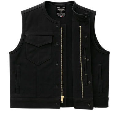 Legendary LowLife Canvas Club Vest shown open to reveal zipper and snap closures, Made in USA