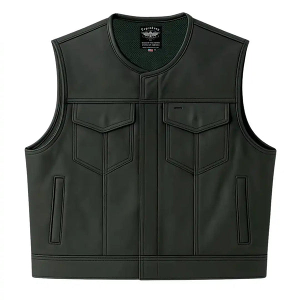 Front view of Legendary LowLife cropped leather motorcycle vest with dual concealed carry pockets, made in USA