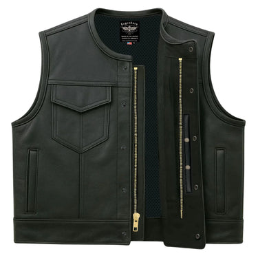 Legendary LowLife leather vest shown open to display mesh liner and zipper snaps, made in USA