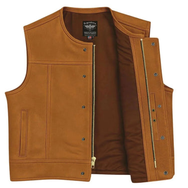 Legendary LowLife NCP bison leather vest shown open to reveal interior and zipper detail, made in USA