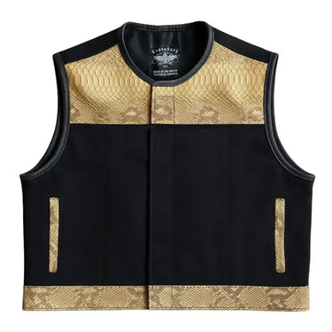 Front view of Legendary LowLife NCP American Python and black canvas club style motorcycle vest with exotic trim, made in USA
