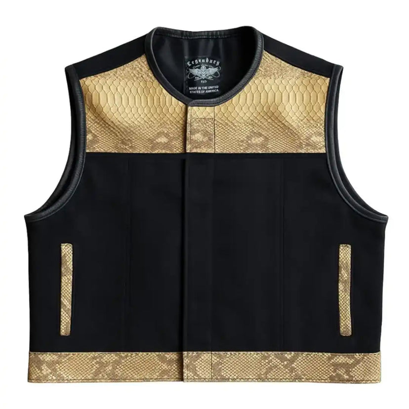 Front view of Legendary LowLife NCP American Python and black canvas club style motorcycle vest with exotic trim, made in USA