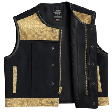 Open front view of Legendary LowLife NCP American Python and canvas vest showing interior lining and premium zipper, made in USA