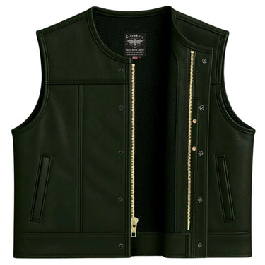 Legendary LowLife NCP black leather club style vest with front zipper and snaps shown open, perforated liner visible, made in USA