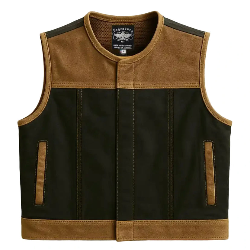 Front view of Legendary LowLife NCP Canvas and Leather Motorcycle Vest in tobacco brown and black combo, made in USA