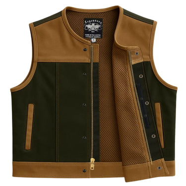Legendary LowLife NCP Club Style Vest in brown and black canvas open to show mesh lining and zipper details, made in USA