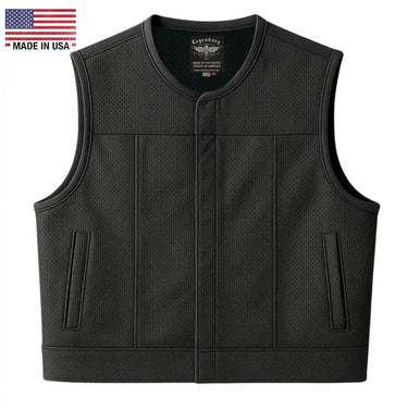 Front view of Legendary LowLife NCP Perforated Leather Motorcycle Vest, cropped and fitted club style, Made in USA