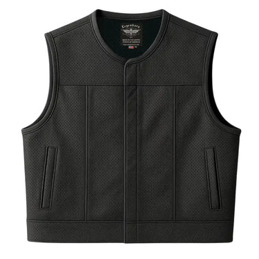 Front view of Legendary LowLife NCP Perforated Leather Motorcycle Vest, cropped and fitted club style, Made in USA