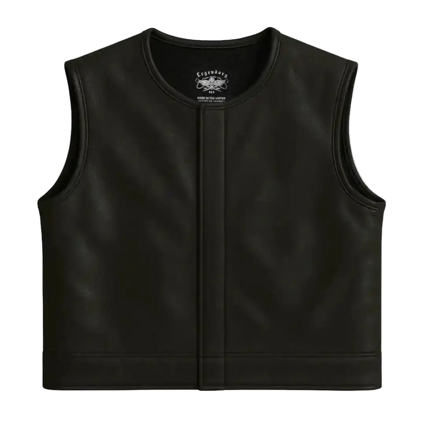 Front view of Legendary LowLife NOP Black Leather Motorcycle Vest with clean collarless design and concealed snaps, made in USA