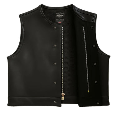Legendary LowLife NOP Black Leather Motorcycle Vest shown open to display premium mesh liner and heavy-duty zipper, made in USA