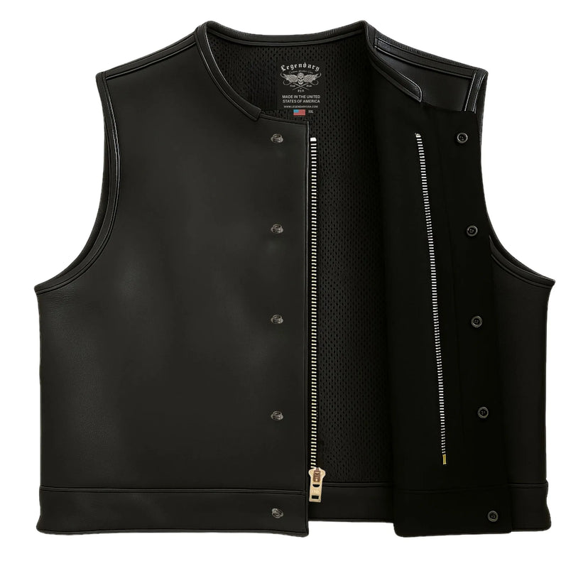 Legendary LowLife NOP Black Leather Motorcycle Vest shown open to display premium mesh liner and heavy-duty zipper, made in USA