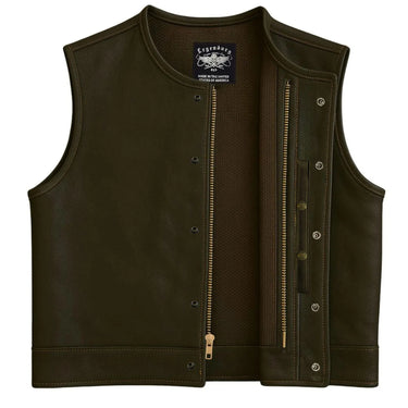 Legendary LowLife NOP leather vest shown open with gold zipper and interior mesh lining, made in USA