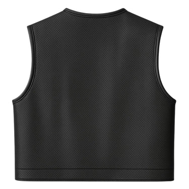Back view of Legendary LowLife NOP perforated black leather motorcycle vest showing breathable full back panel and fitted silhouette, made in USA