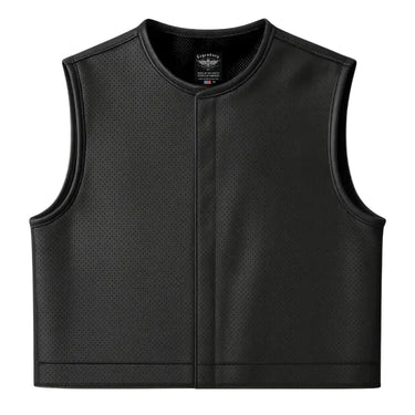 Front view of Legendary LowLife NOP cropped perforated black leather motorcycle vest with clean design and modern club style fit, made in