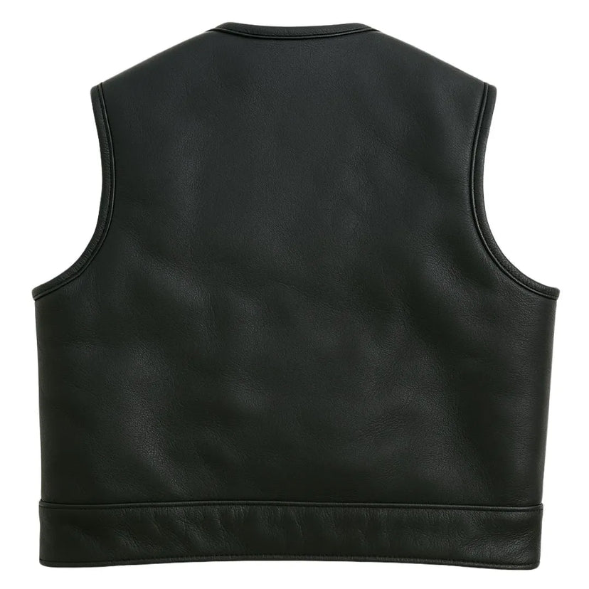 Back view of Legendary Lowlife Z black cropped fitted leather motorcycle vest, made in USA