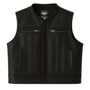 View of Legendary Lowlife Z black cropped leather motorcycle vest with two chest zipper pockets and hand pockets, made in USA