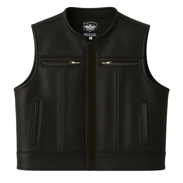 View of Legendary Lowlife Z black cropped leather motorcycle vest with two chest zipper pockets and hand pockets, made in USA