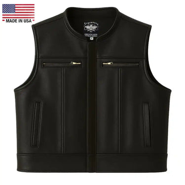 View of Legendary Lowlife Z black cropped leather motorcycle vest with two chest zipper pockets and hand pockets, made in USA