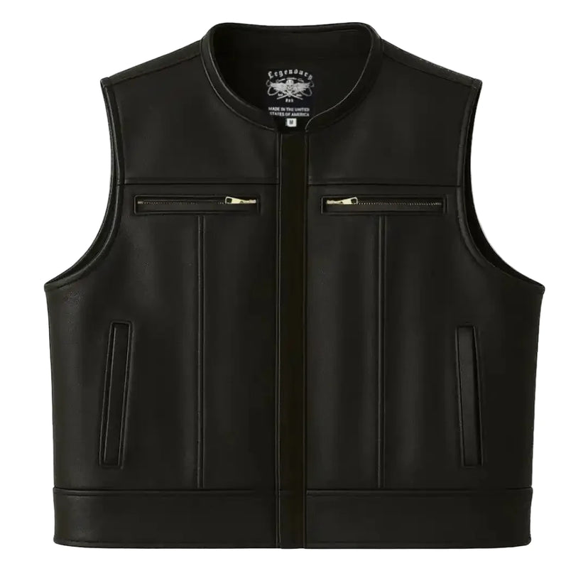 View of Legendary Lowlife Z black cropped leather motorcycle vest with two chest zipper pockets and hand pockets, made in USA