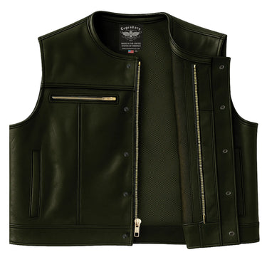 Interior view of Legendary Lowlife Z black leather motorcycle vest showing zipper and mesh lining, made in USA