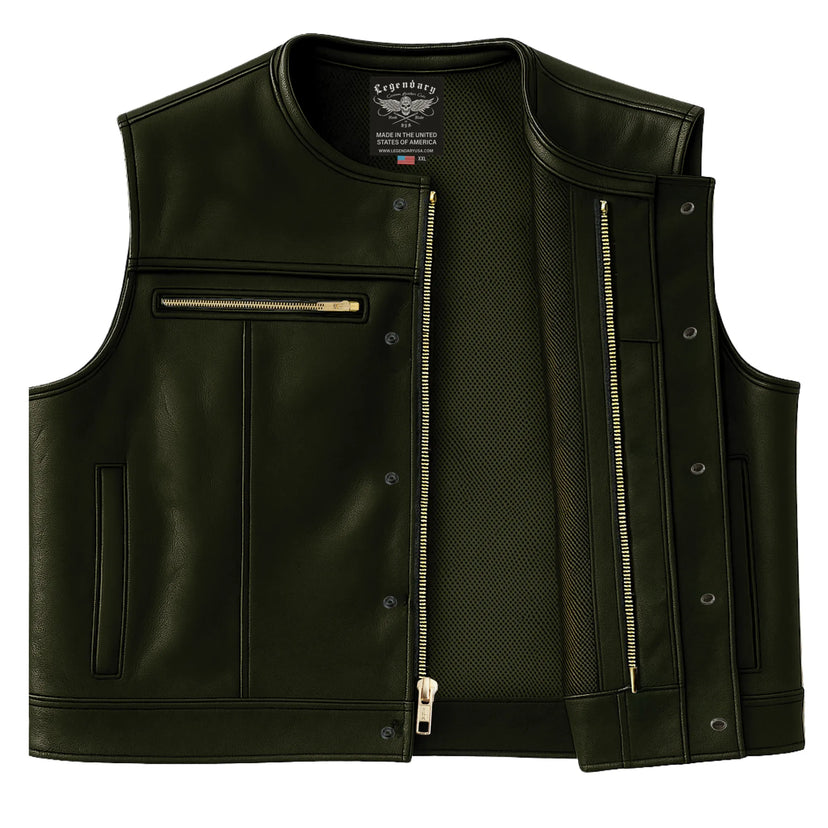 Interior view of Legendary Lowlife Z black leather motorcycle vest showing zipper and mesh lining, made in USA