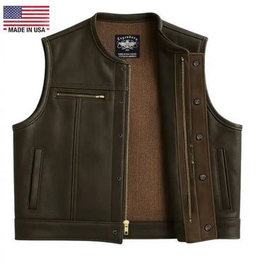 Cropped fitted dark chocolate leather motorcycle vest with snap and zip front closure, made in USA