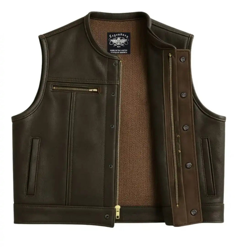 Cropped fitted dark chocolate leather motorcycle vest with snap and zip front closure, made in USA