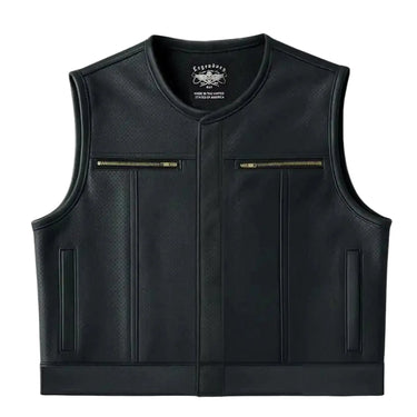 Front view of Legendary LowLife Z perforated leather motorcycle vest in black with brass zipper chest pockets and cropped fit, made in USA
