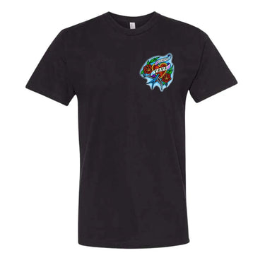 Main view of Legendary Mama women’s t-shirt in black with tattoo-inspired chest graphic by Sam Hambrick, Made in USA