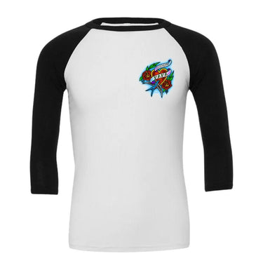 Main view of Legendary Mama 3/4 sleeve raglan top in white with black sleeves, featuring tattoo-style heart and rose design by Sam Hambrick, Made in USA