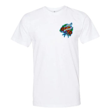 Front view of the white Legendary Mama women's T-shirt featuring tattoo-style artwork by Sam Hambrick on chest, Made in USA