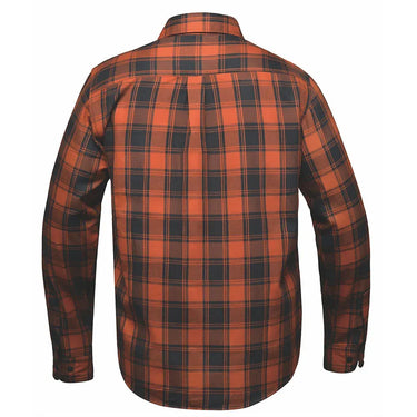 Legendary black brown flannel shirt with orange and black pattern on a white background back view
