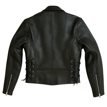 Back view of Legendary Miss America women's leather jacket with lace-up sides and zip cuffs, made in USA