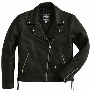 Legendary Miss America women's biker jacket with asymmetrical collar and zipper details, made in USA
